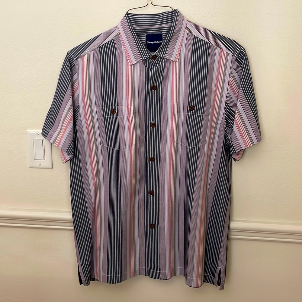 Tommy Bahama stripped shortsleeved mens button down shirt.